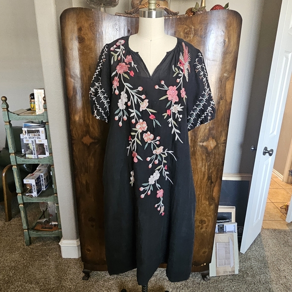 Johnny Was Dresses & Skirts - Johnny Was Black Midi Dress with Pink and White Floral Embroidery